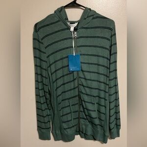 New MARKET & SPRUCE  X L Green Blue Stripe Blakely Zip Up Hooded Brush Knit Top